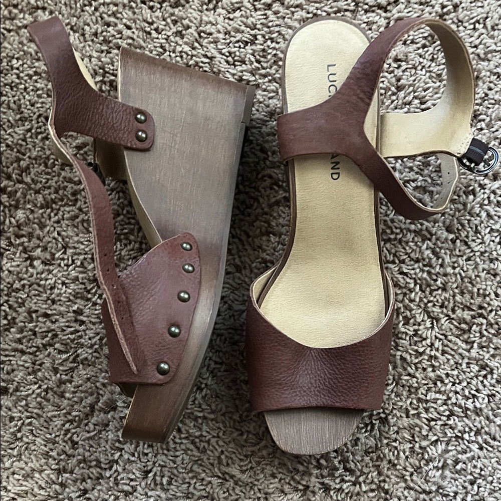 Lucky Brand Brown Leather Wedge Sandals